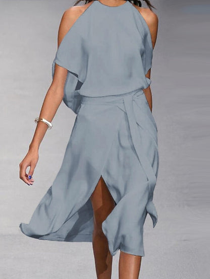 A Line Dress Midi Dress White Black Gray Sleeveless Pure Color Split Spring Summer cold shoulder Personalized Stylish Elegant Loose  S M L XL XXL for Women