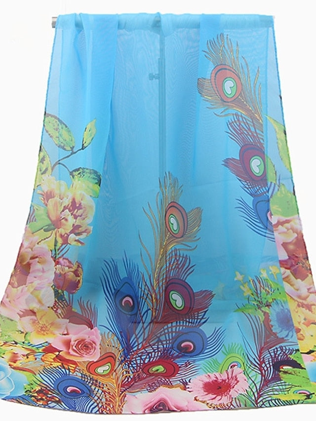 Ladies Peacock Feather Print Chiffon Silk Scarf Sun Protection Beach Towel Shawl for Women