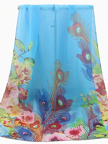 Ladies Peacock Feather Print Chiffon Silk Scarf Sun Protection Beach Towel Shawl for Women