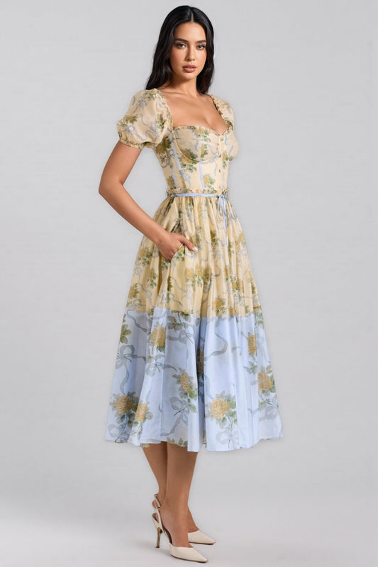Elowen Yellow Vintage Rose Chiffon Midi Dress