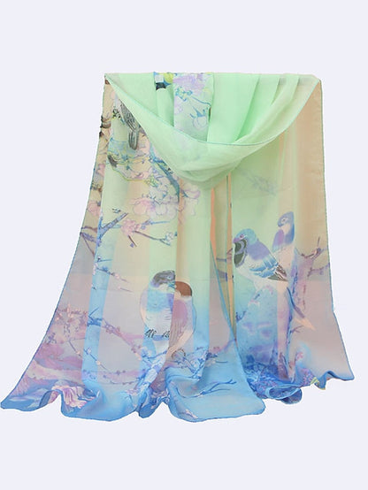 New Chiffon Scarves Women Summer Thin Scarf Shawls And Wraps Flower with Bird Print Hijab Stoles for Women