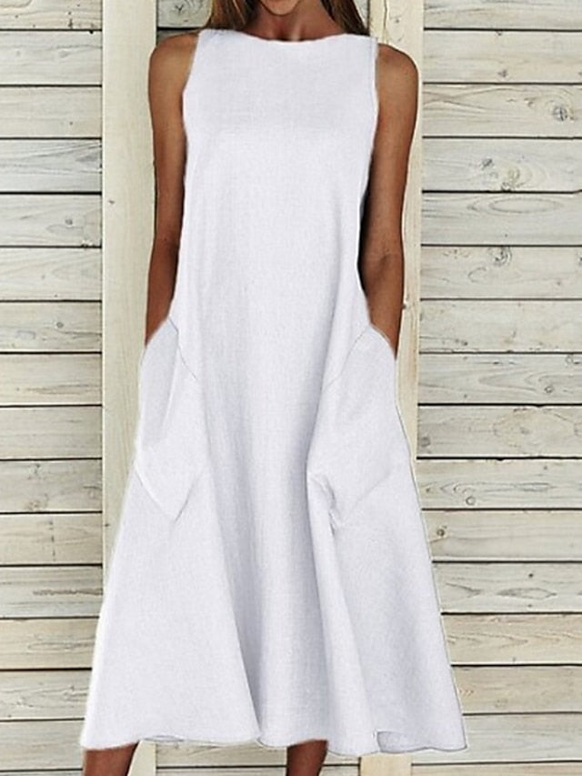 A Line Dress Midi Dress Blue White Gray Yellow Sleeveless Solid Color Pocket Spring Summer Round Neck Basic Hot Loose  S M L XL XXL for Women