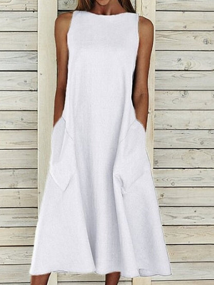 A Line Dress Midi Dress Blue White Gray Yellow Sleeveless Solid Color Pocket Spring Summer Round Neck Basic Hot Loose  S M L XL XXL for Women