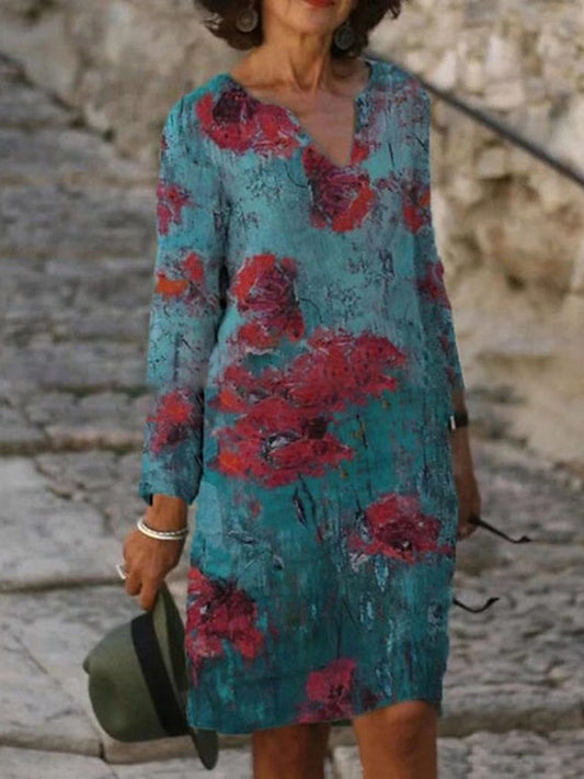 A Line Dress Knee Length Dress White Yellow Pink Long Sleeve Floral Print Winter Fall Autumn V Neck Casual Winter Dress Fall Dress  S M L XL XXL 3XL for Women