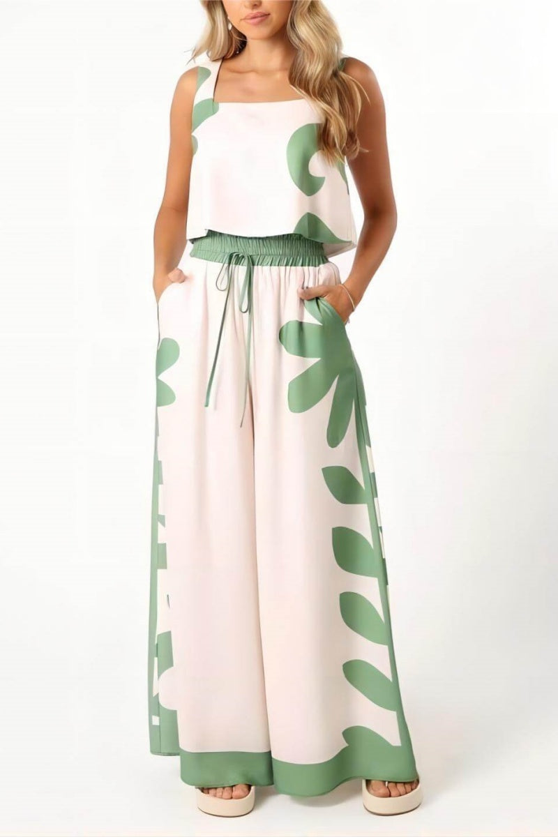 Conjunto de pantalones anchos sueltos con estampado floral folk sin mangas