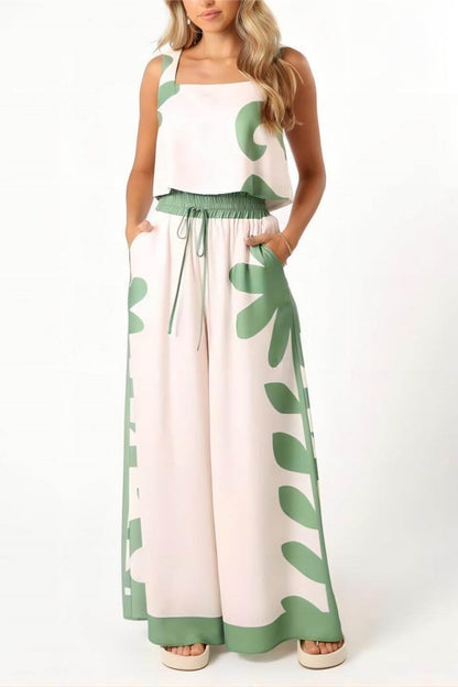 Conjunto de pantalones anchos sueltos con estampado floral folk sin mangas