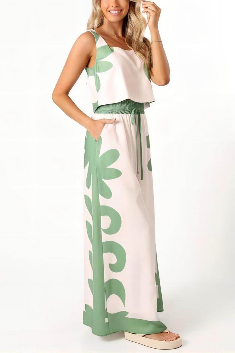 Conjunto de pantalones anchos sueltos con estampado floral folk sin mangas