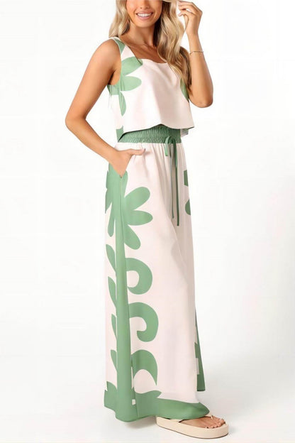 Conjunto de pantalones anchos sueltos con estampado floral folk sin mangas