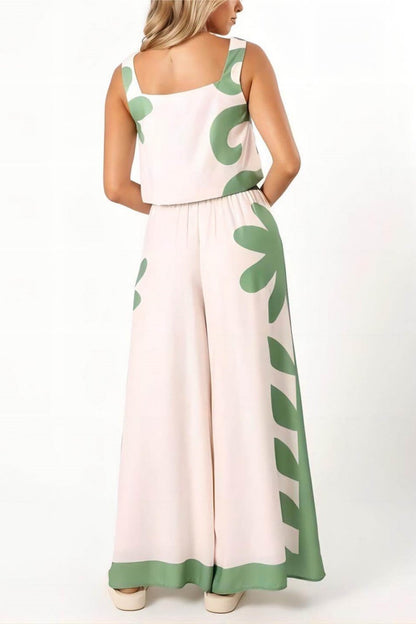 Conjunto de pantalones anchos sueltos con estampado floral folk sin mangas