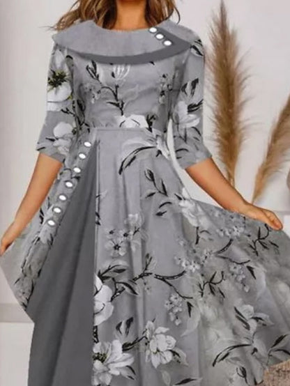 A Line Dress Knee Length Dress Gray Half Sleeve Floral Print Spring Summer Crew Neck Elegant Casual  S M L XL XXL 3XL for Women