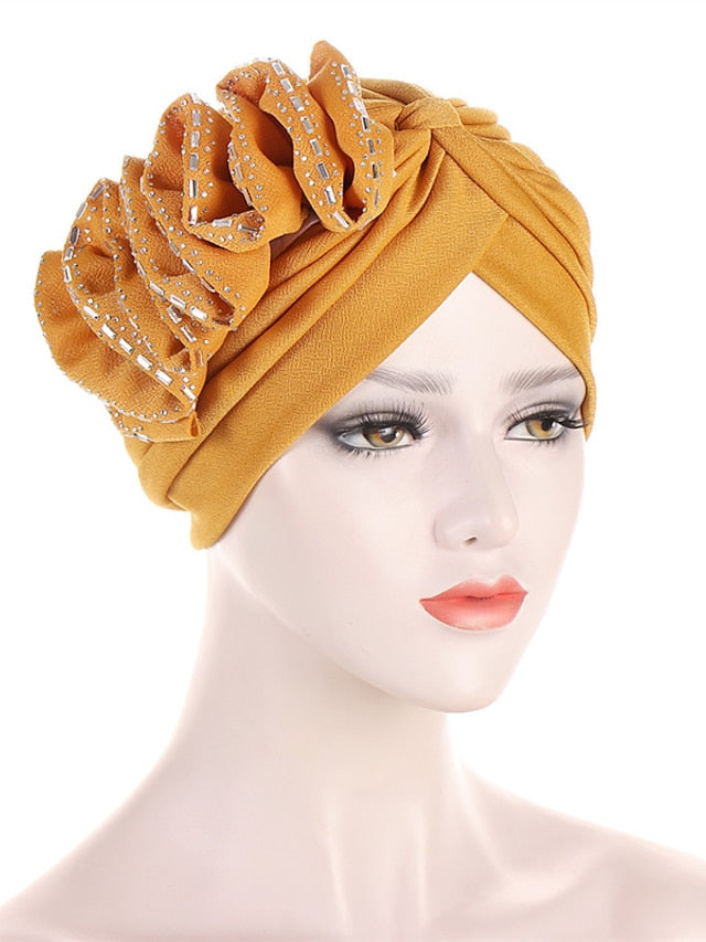 Lastest Flower Turban Bonnet for Women Muslim Hijab Headscarf Cap Wedding Party Headwear Turbante African Headtie for Women