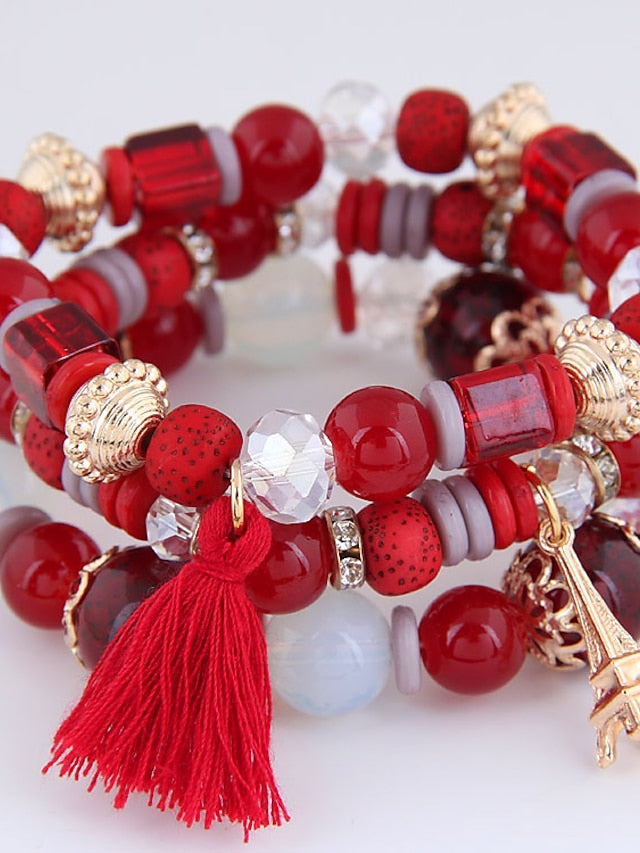 3pcs Bead Bracelet Bracelet Layered Fashion Tassel Bohemian Resin Bracelet Jewelry Black / White / Pink For Gift Daily Holiday Date for Women