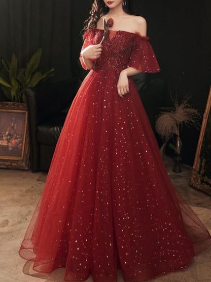 A-Line Glittering Elegant Wedding Guest Formal Evening Dress Scoop Neck Short Sleeve Floor Length Tulle with Pleats Sequin 2022