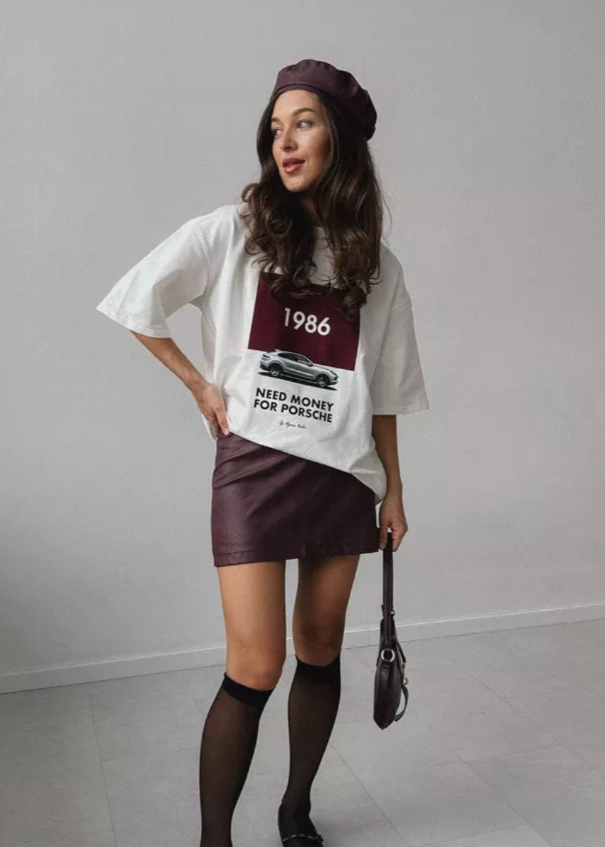 1986 Porsche Graphic Tee – Oversized White T-Shirt for Women