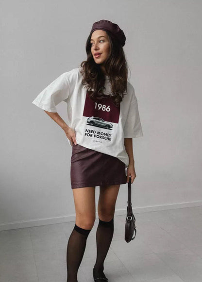 1986 Porsche Graphic Tee – Oversized White T-Shirt for Women