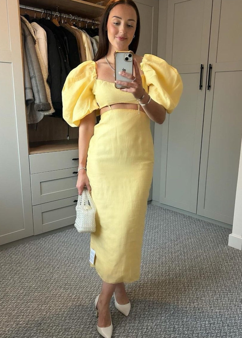 Solène – Puff Sleeve Linen Midi Dress