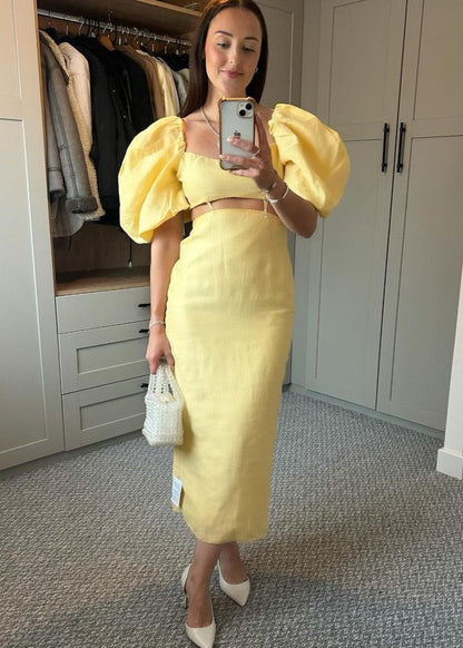 Solène – Puff Sleeve Linen Midi Dress