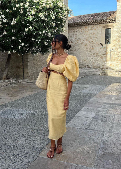 Solène – Puff Sleeve Linen Midi Dress