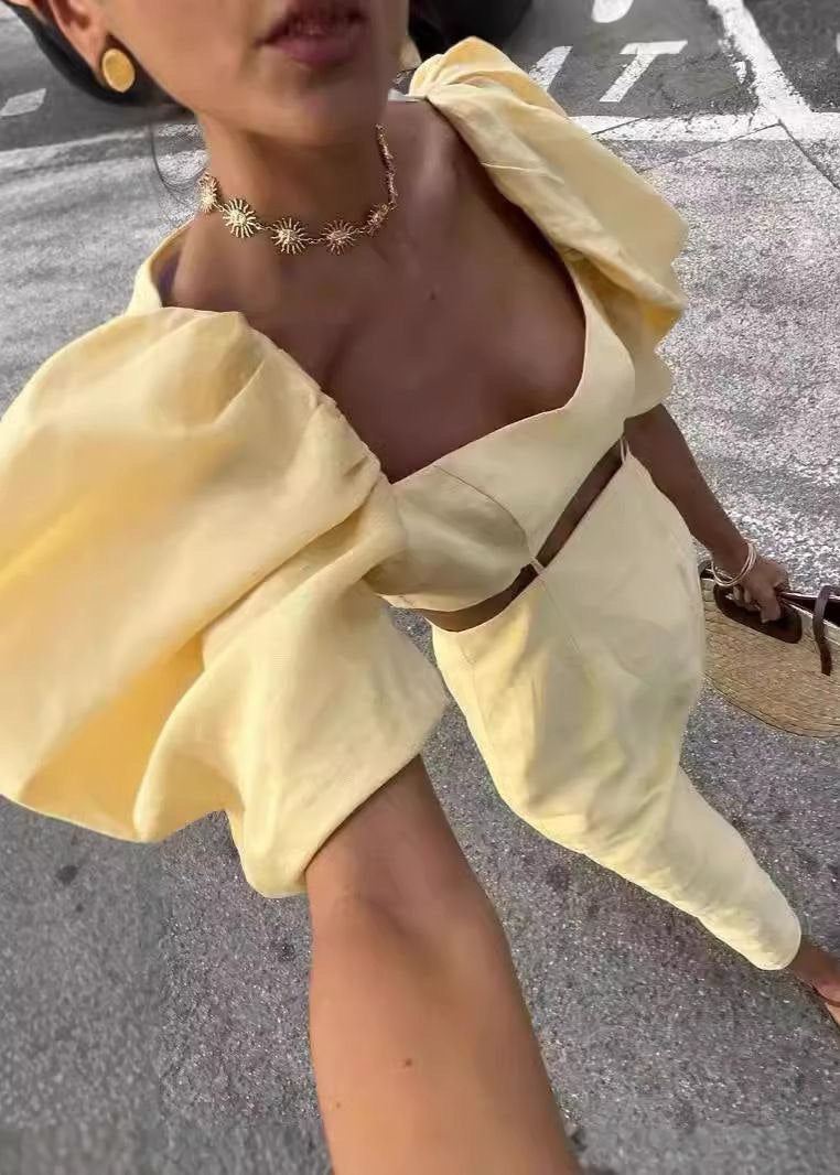 Solène – Puff Sleeve Linen Midi Dress