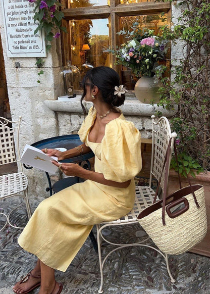 Solène – Puff Sleeve Linen Midi Dress
