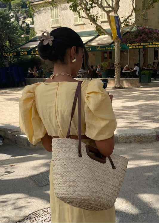 Solène – Puff Sleeve Linen Midi Dress