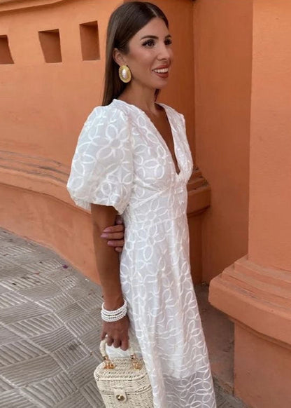 Fleur Embroidered Puff Sleeve Maxi Dress