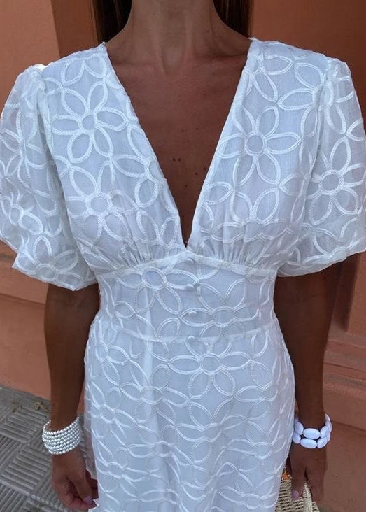 Fleur Embroidered Puff Sleeve Maxi Dress