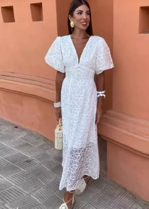 Fleur Embroidered Puff Sleeve Maxi Dress