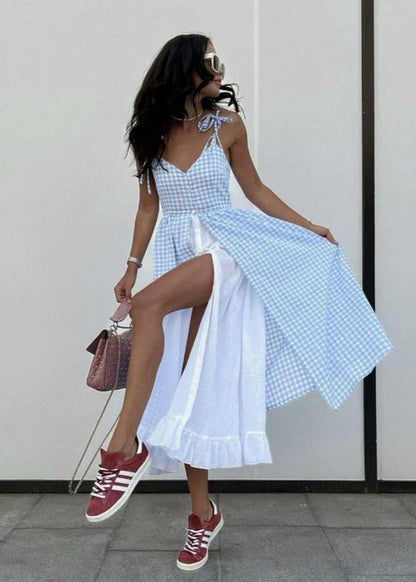 Sky Picnic Ruffle Dress – Gingham Layered Maxi with Tie Straps