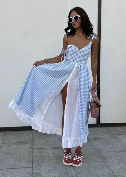 Sky Picnic Ruffle Dress – Gingham Layered Maxi with Tie Straps
