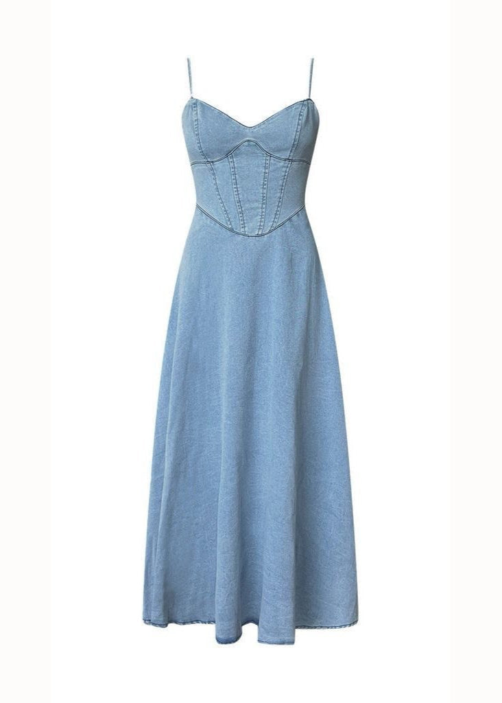 Sunday Corset Denim Dress – Light Blue Fit-and-Flare Midi
