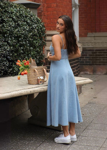 Sunday Corset Denim Dress – Light Blue Fit-and-Flare Midi