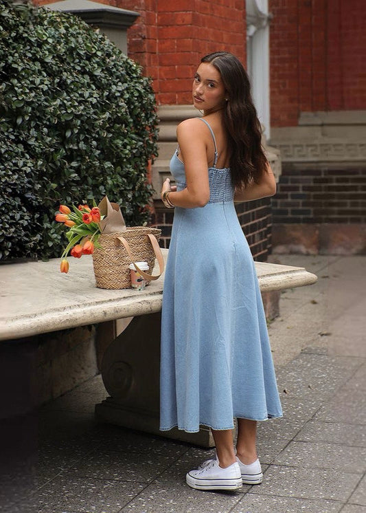 Sunday Corset Denim Dress – Light Blue Fit-and-Flare Midi