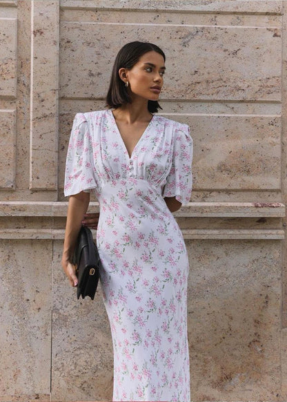 Blossom Grace - Pink Floral Midi Dress with Puff Sleeves