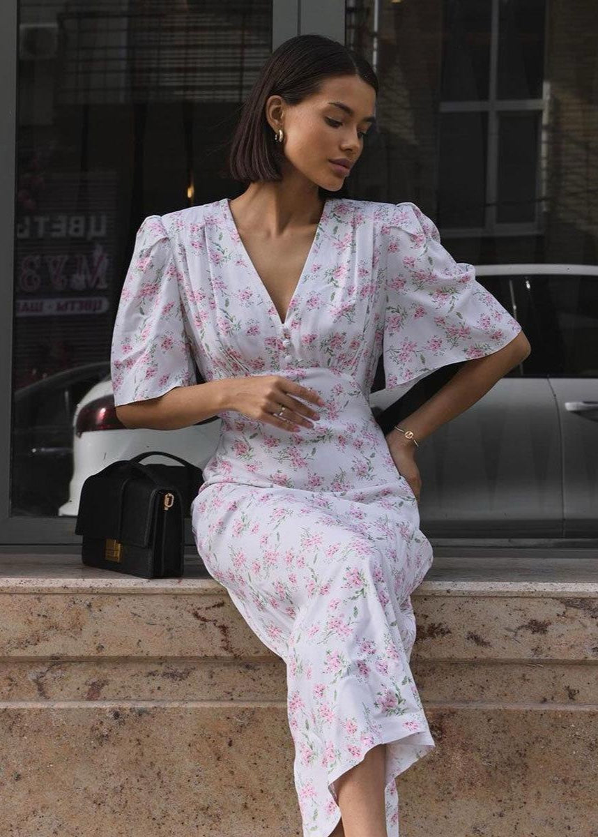 Blossom Grace - Pink Floral Midi Dress with Puff Sleeves