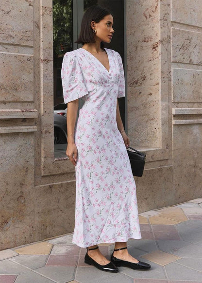 Blossom Grace - Pink Floral Midi Dress with Puff Sleeves