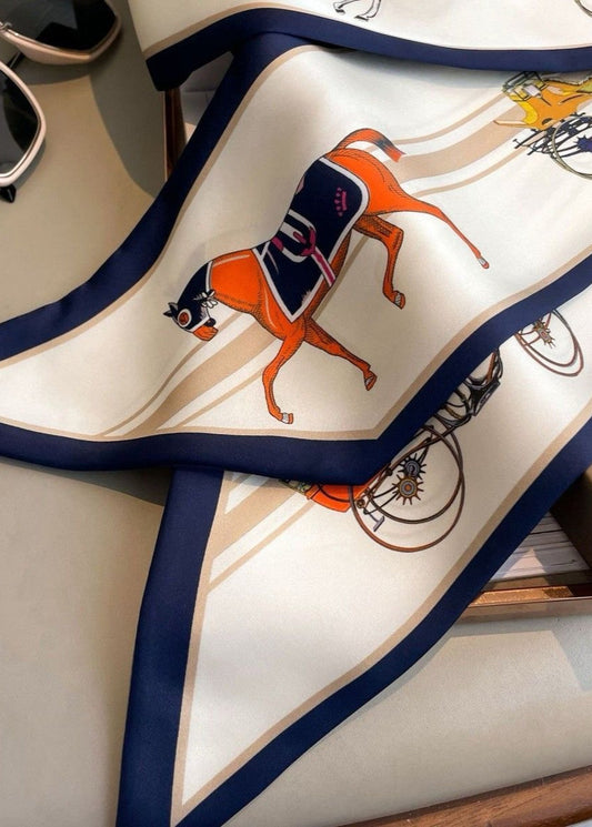 Echelon Silk Neck Scarf – Printed Horse & Carriage Ribbon 147×14cm