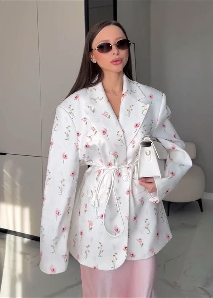 Blossom Garden - Belted Floral Print Blazer