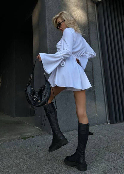 Bellflare Waist-Tie Romper - White Long Sleeve Mini Jumpsuit