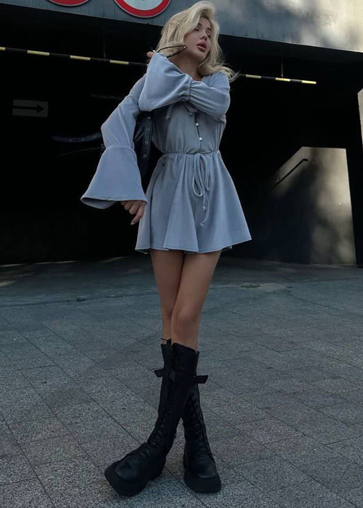 Ashbell Tie Waist Romper – Gray Flared Sleeve Mini Jumpsuit