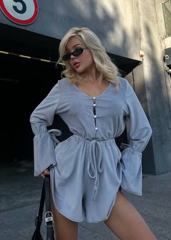 Ashbell Tie Waist Romper – Gray Flared Sleeve Mini Jumpsuit