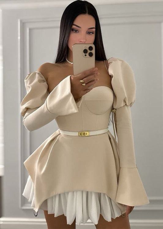 Vellaria Sculpted Mini Dress – Puff Sleeve Corset Top with Pleated Hem