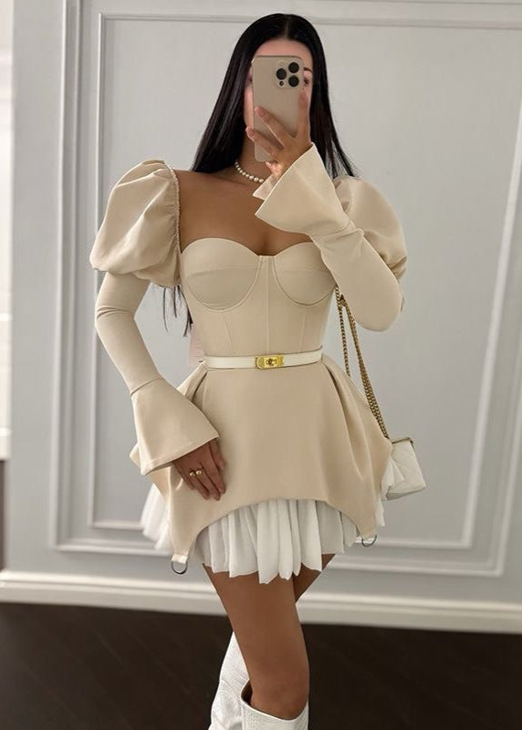 Vellaria Sculpted Mini Dress – Puff Sleeve Corset Top with Pleated Hem