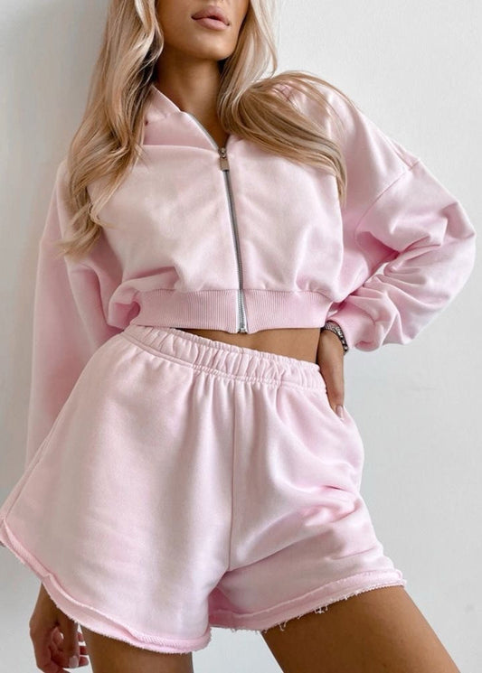 Heather Zip Hoodie & Raw Hem Shorts Set - Light Gray