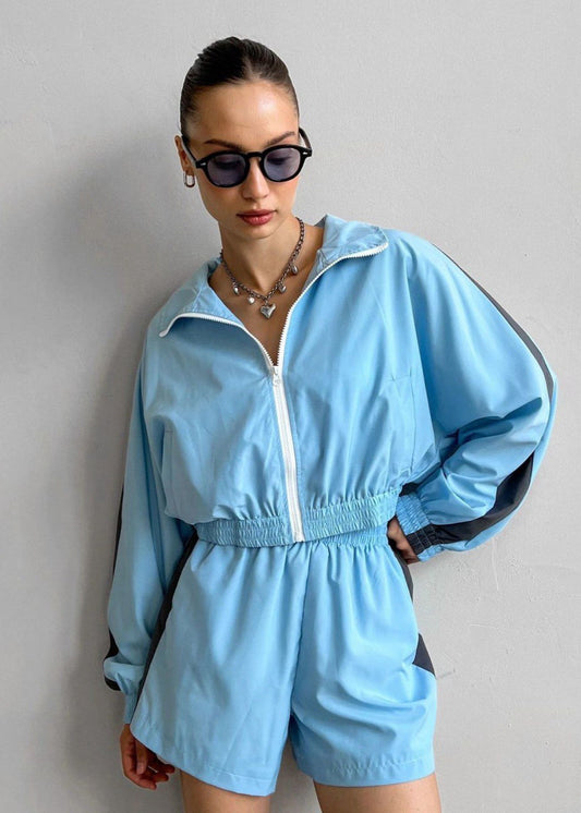Skyline Zip-Up Active Romper - Light Blue Windbreaker Set