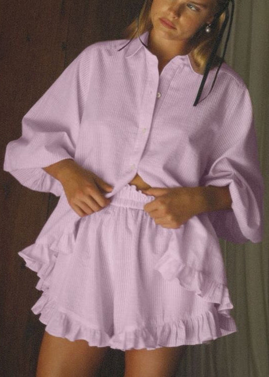 Ruffle Charm - Striped Button-Up Top & Shorts Set