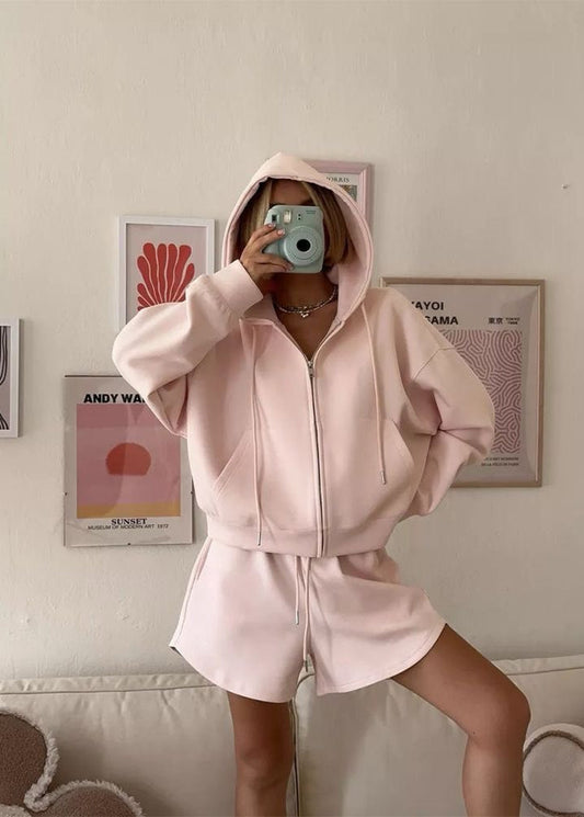 Blush Ease - Zip-Up Hoodie & Lounge Shorts Set