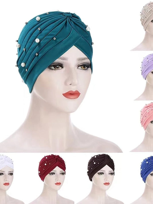 Boutique Solid Folds Pearl Muslim Turban Scarf Women Elastic Islamic Inner Hijab Caps Arab Wrap Head Femme Musulman Turbante for Women