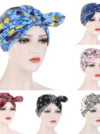 6 Colors New Fashion Bandanas Women Print Knotted Twist Turban Hat Twist Hijab Bonnet Cap India Hat Rabbit Ear Headband Muslim Hijab for Women