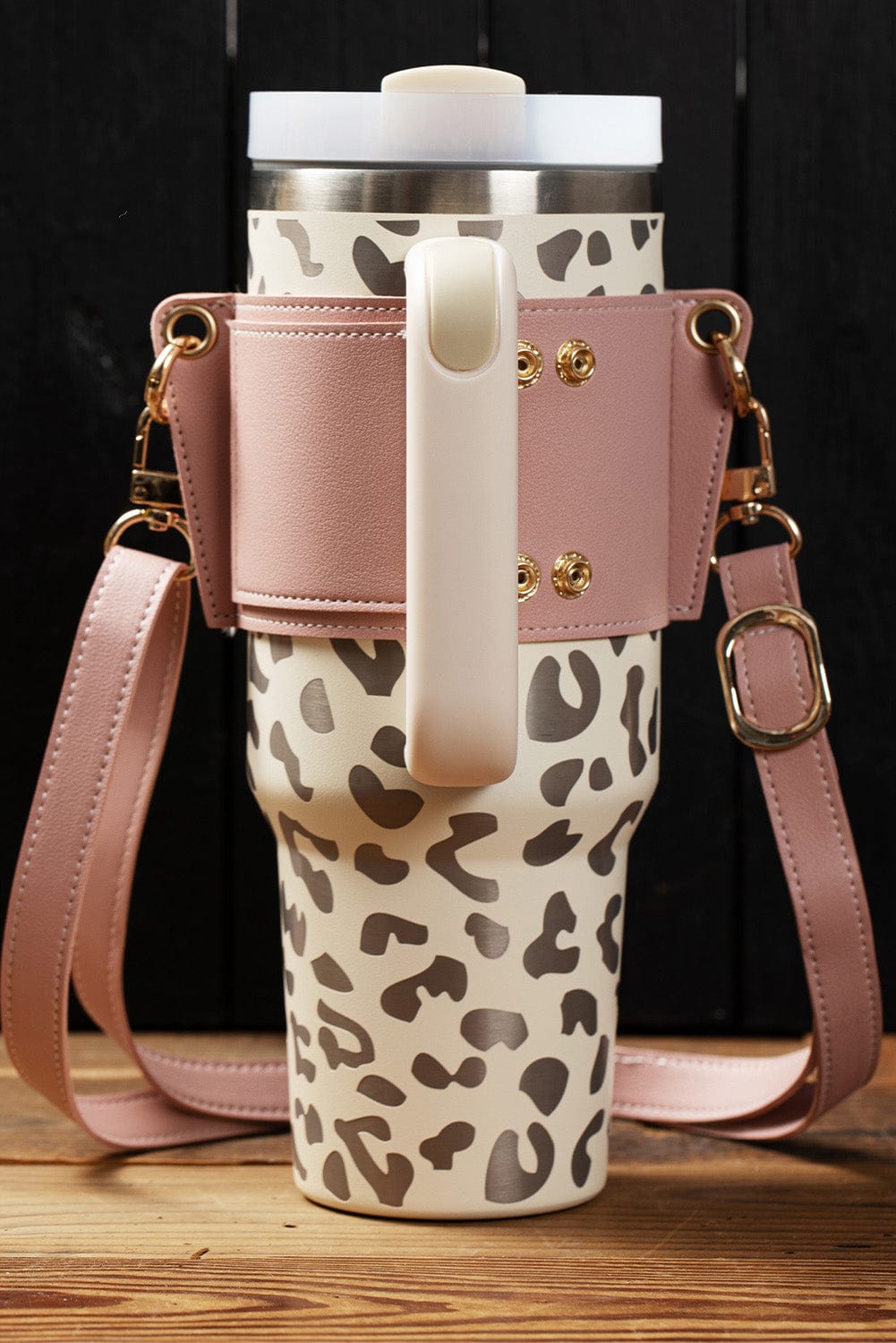 Pink Leather Drink Carrier with Adjustable Straps and Buttoned Closure